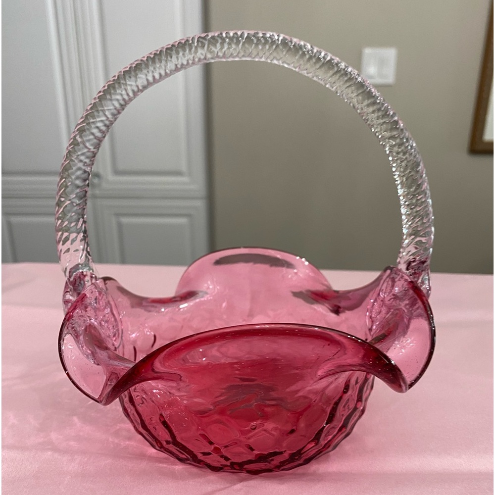 VTG ROSSI CRANBERRY GLASS BASKET WITH WEAVE PATTERN AND CLEAR BRAIDED HANDLES